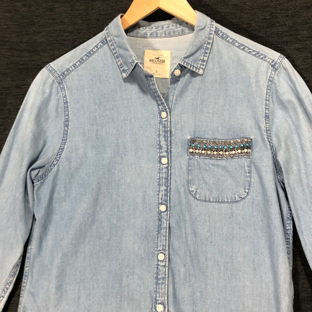 Hollister Denim Shirt Dress Embellished‎ Pocket Long Sleeve Button Down Small